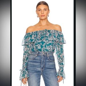 House of Harlow. Teal floral multi with white bodysuit off the shoulder